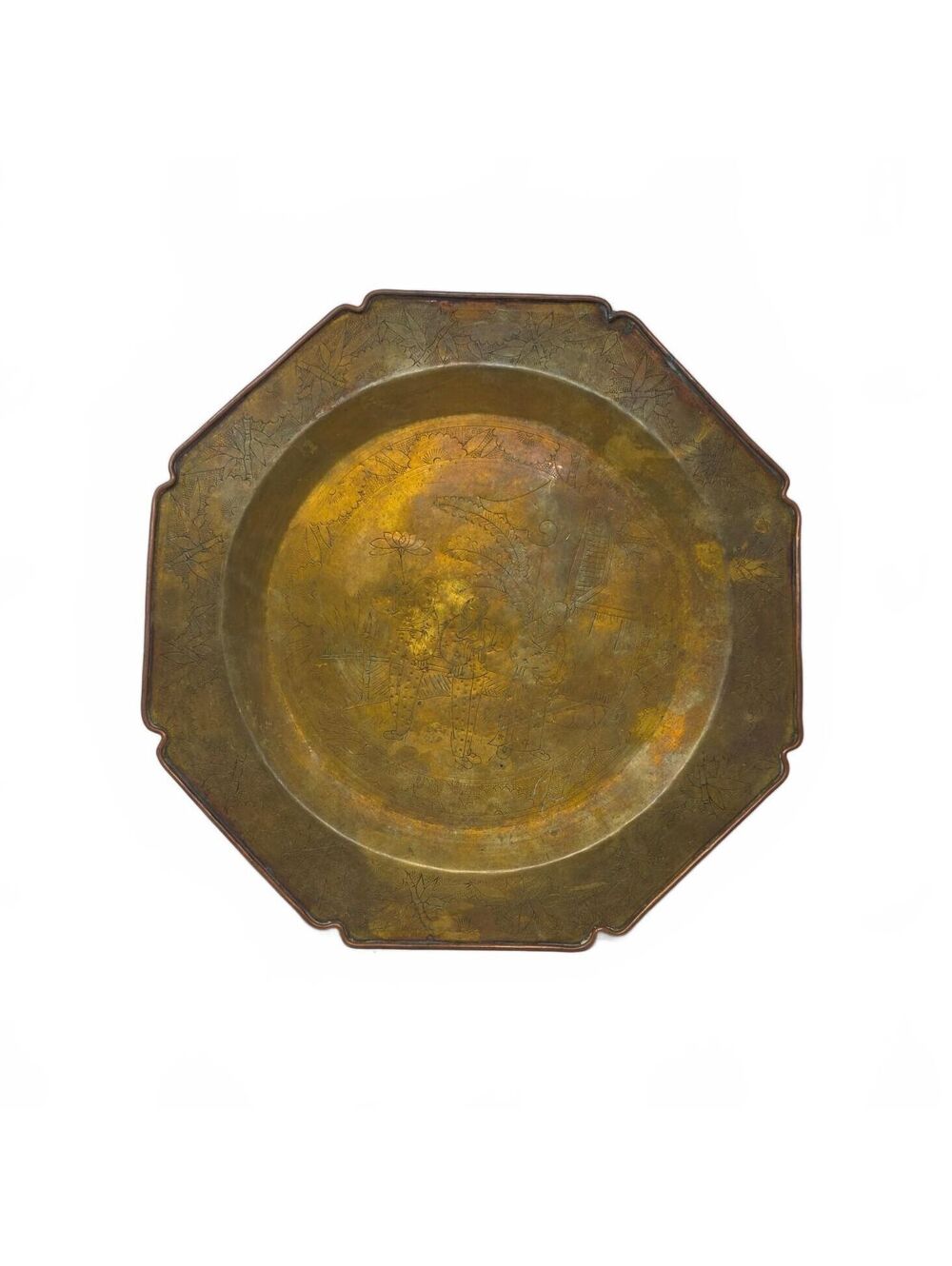 Vintage Chinese Etched Brass Tray 13” Scalloped Chinoiserie Wall Decor